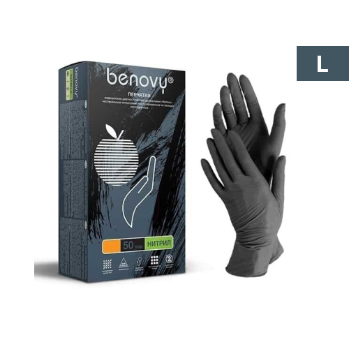Перчатки нитриловые черные  размер  L, 100 шт, Benovy