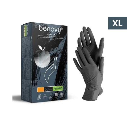 Перчатки нитриловые черные  размер XL, 100 шт, Benovy
